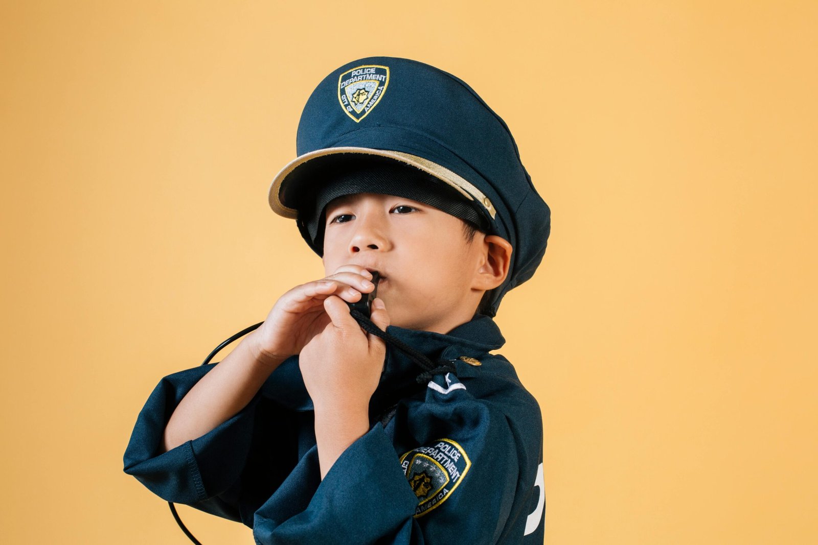 Confident Asian boy in police uniform holding in hands whistle and blowing while standing in studio on yellow background and looking away